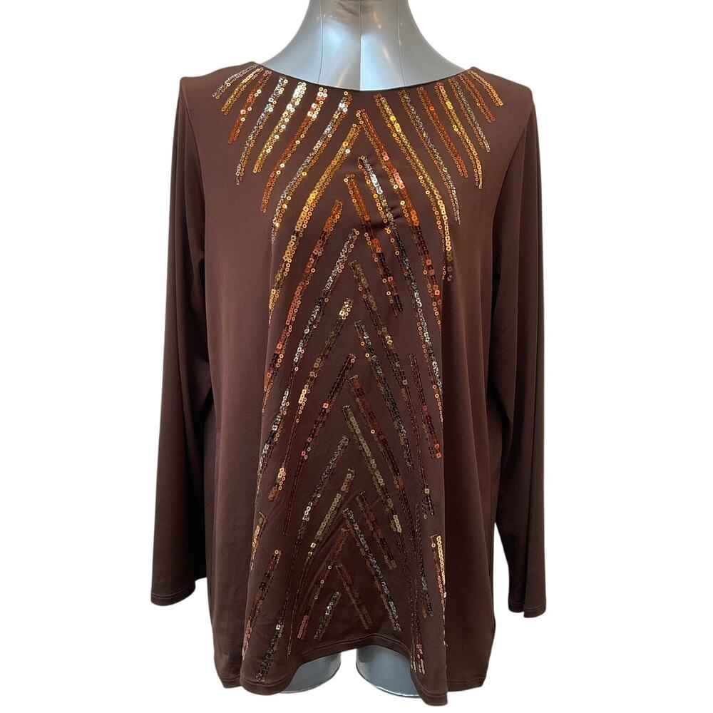 Bob Mackie Sequin Embellished Top Women's Size Large Wearable Art Brown